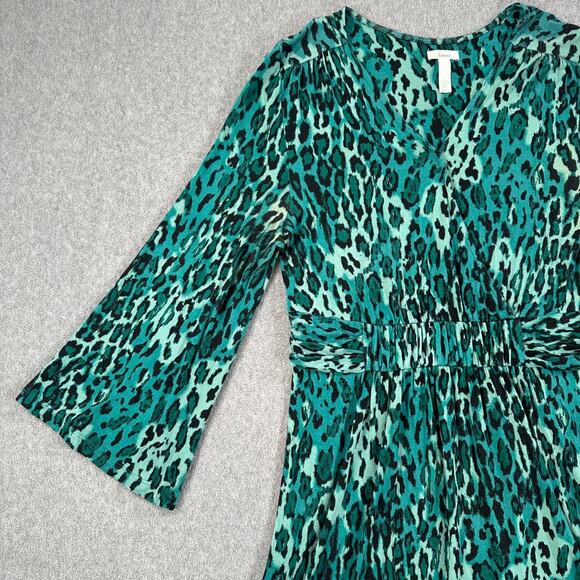 SOMA Kimono Animal Print Knit Dress Women's Large Green V-Neck Gathered Waist - Picture 2 of 8